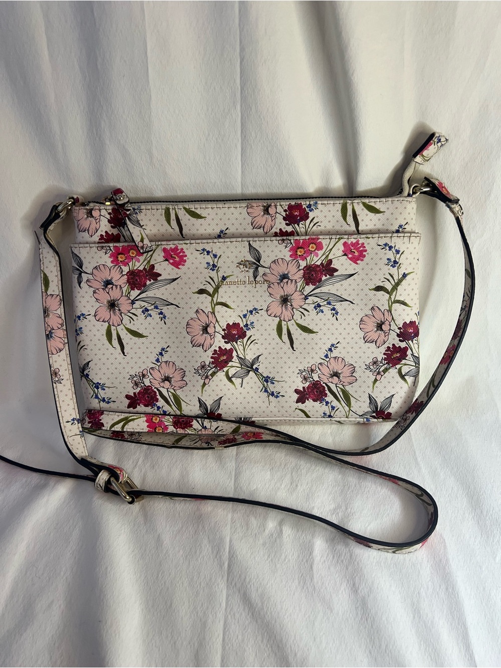 Nanette Lepore White Floral Crossbody with Pink & Red Blooms